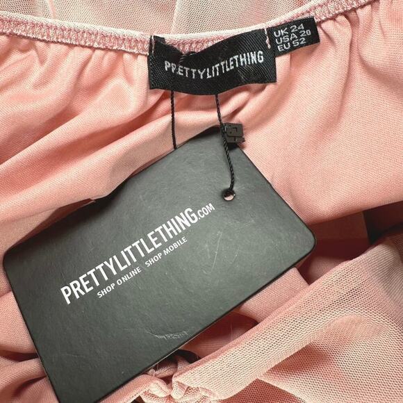 PrettyLittleThing Plus Nude Pink Mesh Ruched Bardot Midi Dress Sz 20 NWT - Picture 6 of 6